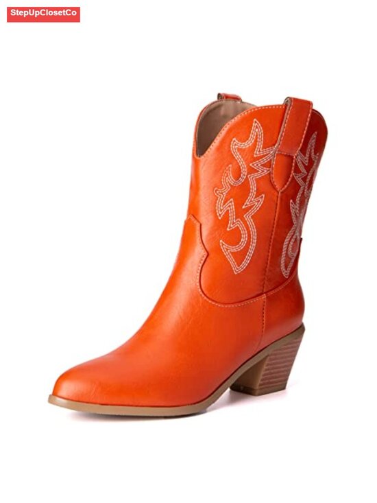 Shoes - Embroidered Pointed Toe Cowboy Ankle Boots with Mid Heel